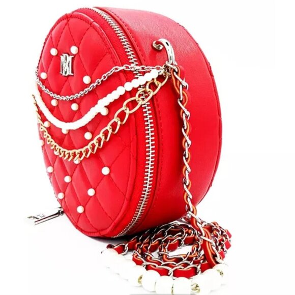 Badgley Mischka Quilted Small Round Pearl Shoulder Handbag Red - Picture 2 of 4